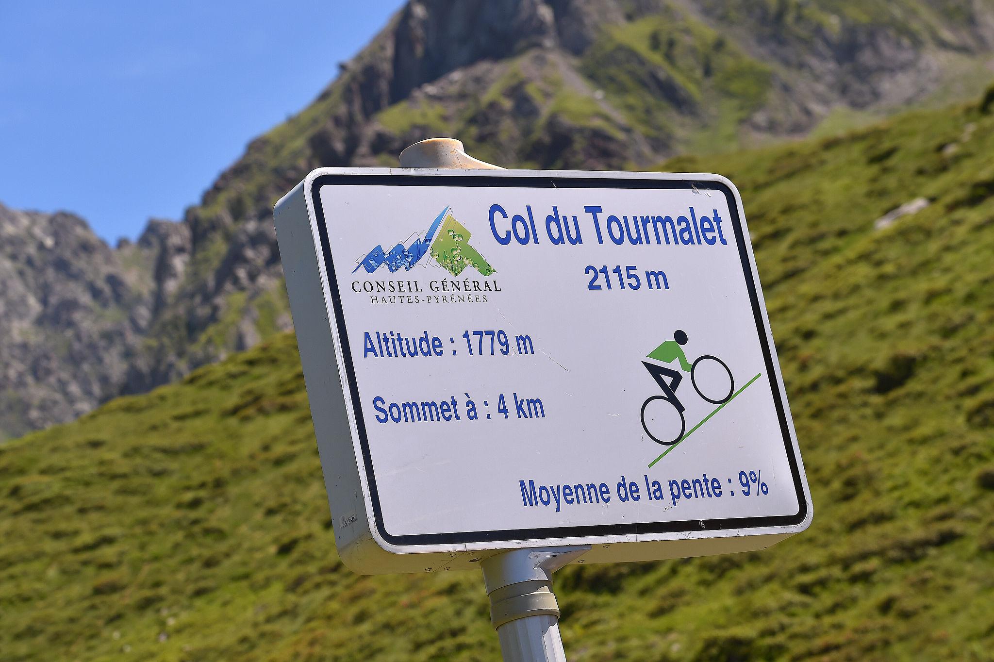 Col du Tourmalet summit sign and switchback scenery